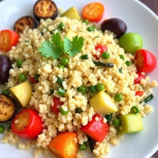 A bowl of quinoa salad filled with colorful roasted vegetables like bell peppers, zucchini, and red onion