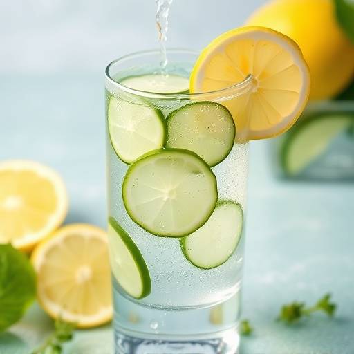 A glass of clear water with slices of lemon and cucumber, symbolizing healthy hydration