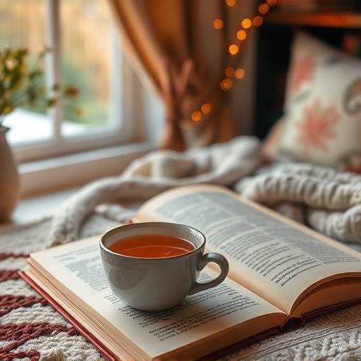 A person enjoying a cup of tea while reading a book in a cozy setting