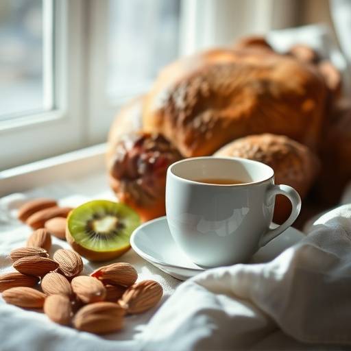 A selection of foods known to promote sleep, including almonds, chamomile tea, kiwi, and turkey