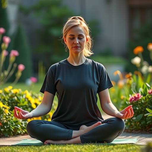 A woman meditating in a peaceful garden, promoting mindfulness