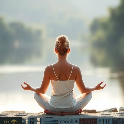 Person meditating peacefully in a serene environment, promoting stress relief